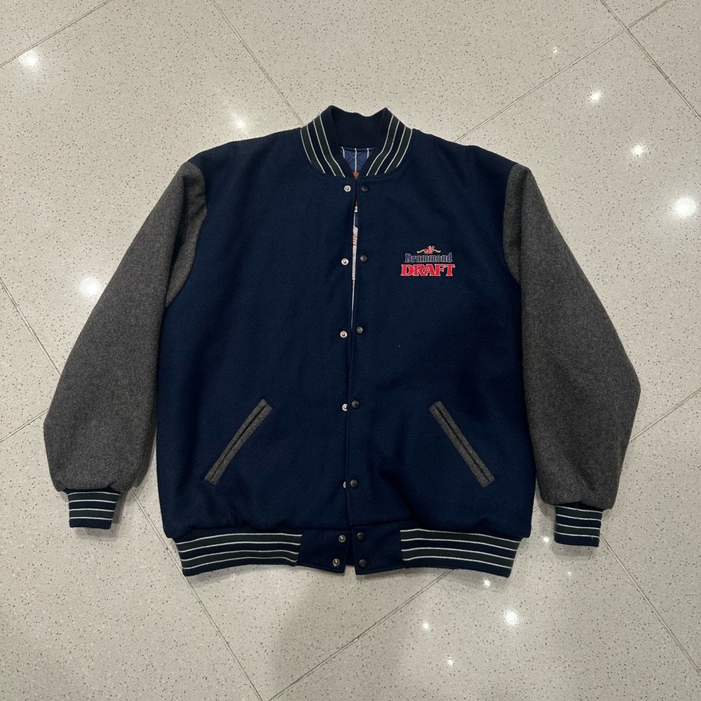 Men's Vintage Drummond Draft Navy and Gray Varsity Jacket